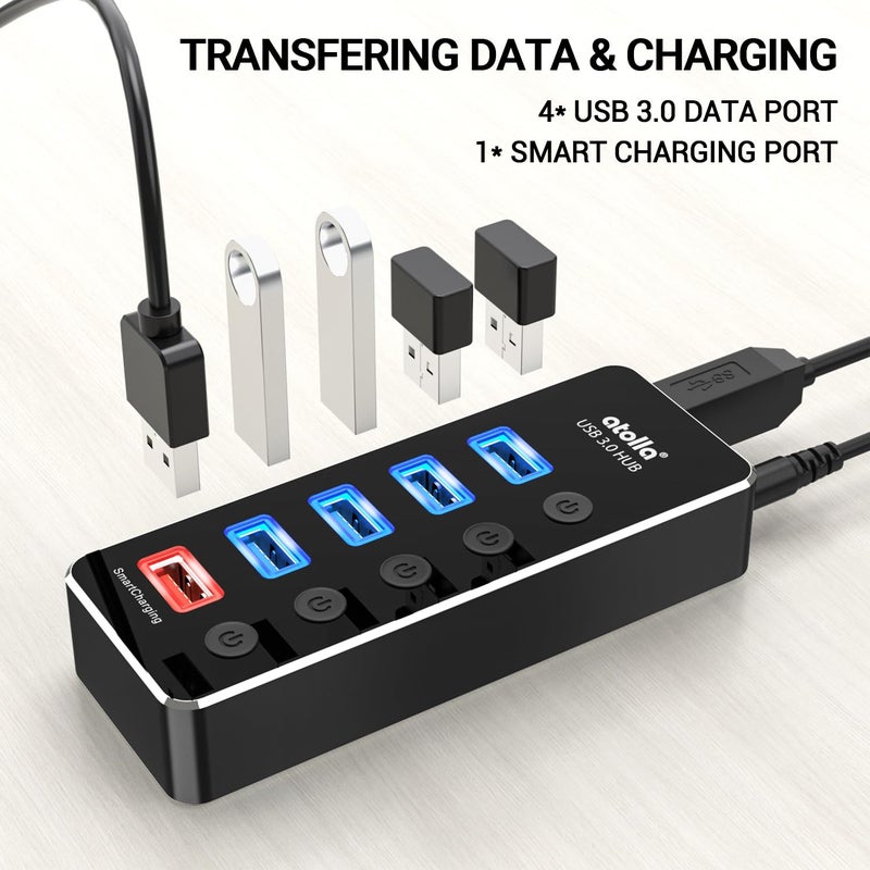 atolla Powered USB Hub, atolla Aluminum 5-Port USB 3.0 Hub with 4 USB 3.0 Data Ports and 1 USB Smart Charging Port, USB Splitter with 5V/3A Power Adapter and Individual Switches - Image 3